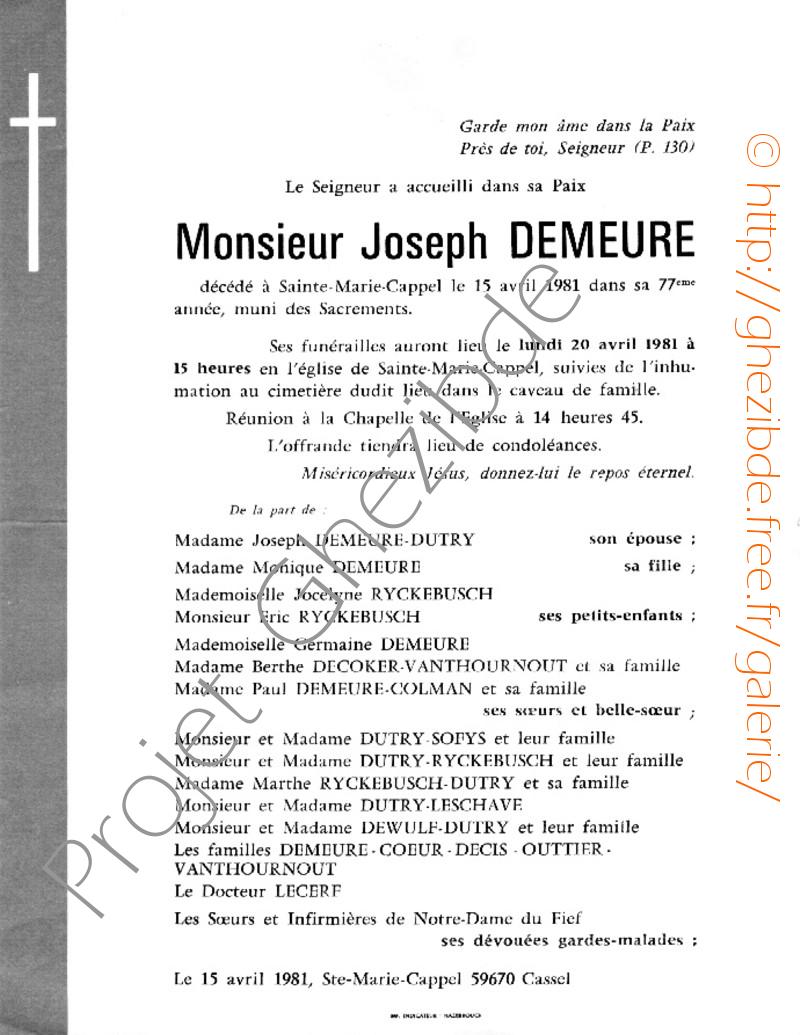 Joseph DEMEURE époux DUTRY, décédé à Sainte-Marie-Cappel, le 15 avril 1981 (76 ans).